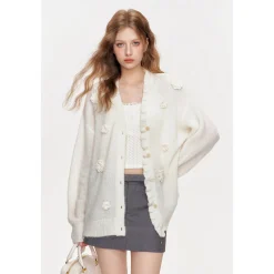 Kroche Rose Crochet Woolen Knitted Cardigan White