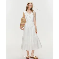 Kroche Ruffled Rose Pin Hollow Out Lace Dress White