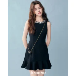 Kroche Sequin Beaded Floral Sleeveless Dress Black