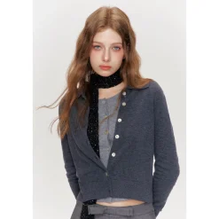 Kroche Shell Button Knitted Polo Cardigan Dark Gray