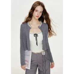 Kroche Sparkly Pearl Sequin Woolen Cardigan Gray