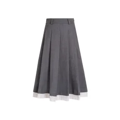 Kroche Striped Patchwork Pleated Long Skirt Gray