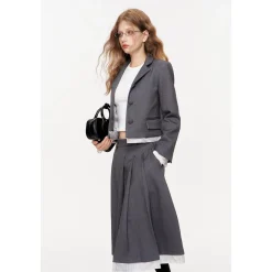 Kroche Striped Patchwork Pleated Long Skirt Gray