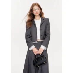 Kroche Striped Patchwork Pleated Long Skirt Gray