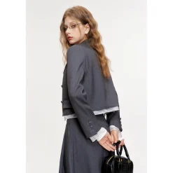 Kroche Striped Patchwork Pleated Long Skirt Gray