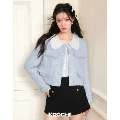 Kroche Tassel Heart Button Tweed Jacket Blue
