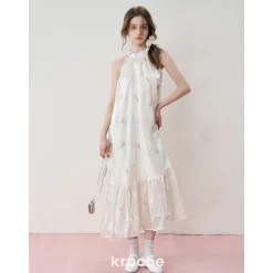 Kroche Tulip Embroidered Organza Halter Dress