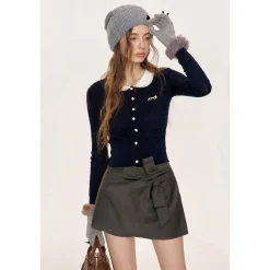 Kroche Twist Embroidery Doll Collar Wool Knit Cardigan