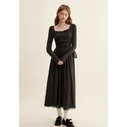Kroche Velvet Bow Square Neck Waisted Dress Black