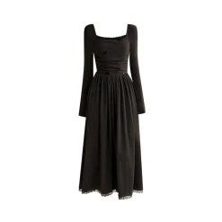 Kroche Velvet Bow Square Neck Waisted Dress Black