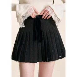 Kroche Velvet Patchwork Double Waist Bow Pleated Skirt
