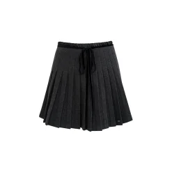 Kroche Velvet Patchwork Double Waist Bow Pleated Skirt