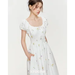 Kroche Wrinkle Floral Embroidered Long Dress