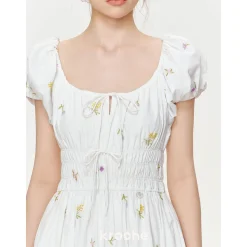 Kroche Wrinkle Floral Embroidered Long Dress
