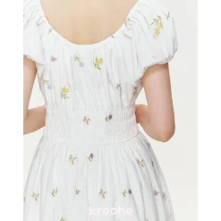 Kroche Wrinkle Floral Embroidered Long Dress