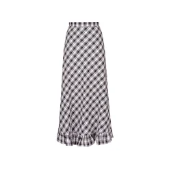 Kroche Wrinkle Hem High Waist Plaid Long Skirt