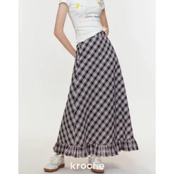 Kroche Wrinkle Hem High Waist Plaid Long Skirt