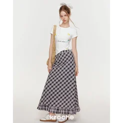 Kroche Wrinkle Hem High Waist Plaid Long Skirt