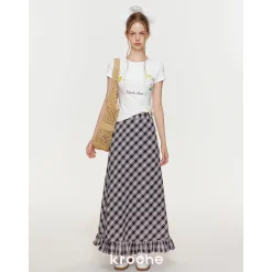 Kroche Wrinkle Hem High Waist Plaid Long Skirt