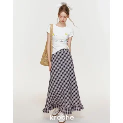 Kroche Wrinkle Hem High Waist Plaid Long Skirt