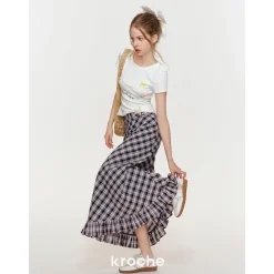 Kroche Wrinkle Hem High Waist Plaid Long Skirt