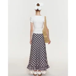 Kroche Wrinkle Hem High Waist Plaid Long Skirt