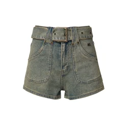 Liilou A-Line Belt Washed Denim Shorts