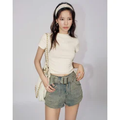 Liilou A-Line Belt Washed Denim Shorts