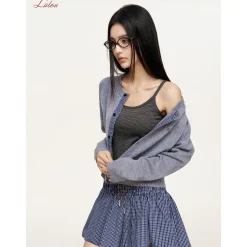 Liilou A-Line Plaid Elastic-Waist Skirt Navy Blue