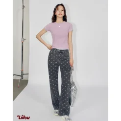 Liilou Athflowe Full Printed Logo Wide-Leg Jeans Dark Grey