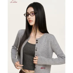 Liilou Chain Embroidery Woolen Knit Cardigan Gray