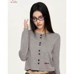 Liilou Chain Embroidery Woolen Knit Cardigan Gray