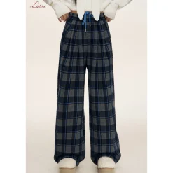 Liilou Contrast Color Plaid Tweed Thicken Casual Pants