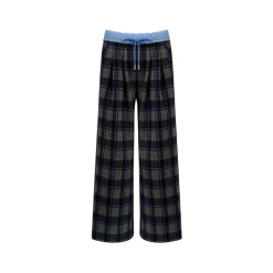 Liilou Contrast Color Plaid Tweed Thicken Casual Pants