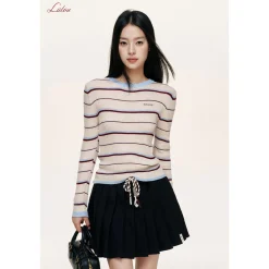 Liilou Contrast Color Striped Woolen Knit Top