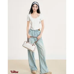Liilou Distressed Raw Edge Split Wide-Leg Jeans