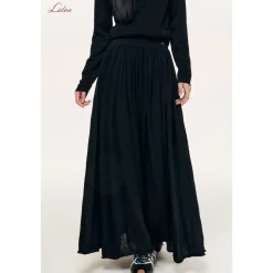 Liilou Draped Elastic-Waist Woolen A-Line Long Skirt Black