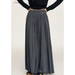 Liilou Draped Elastic-Waist Woolen A-Line Long Skirt Dark Gray