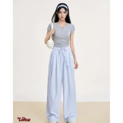 Liilou Draped Elastic-Waist Pleated Casual Pants Blue