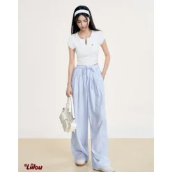 Liilou Draped Elastic-Waist Pleated Casual Pants Blue