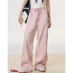 Liilou Drawstring Lace-Up Wide-Leg Cargo Pants Pink