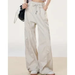 Liilou Drawstring Lace-Up Wide-Leg Cargo Pants Apricot