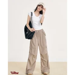Liilou Drawstring Multi-Pockets Wide-Leg Cargo Pants