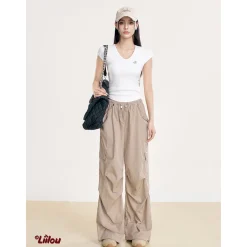 Liilou Drawstring Multi-Pockets Wide-Leg Cargo Pants