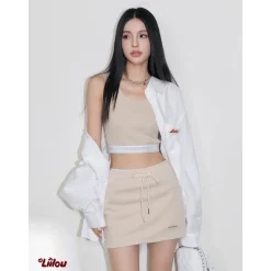 Liilou Drawstring Wrap Hip Casual Skirt Khaki