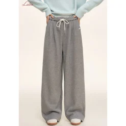 Liilou Elastic-Waist Brushed Wide-Leg Casual Pants Gray
