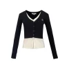 Liilou Fake-2-Piece Color Blocked V-Neck Slim Knit Top Black