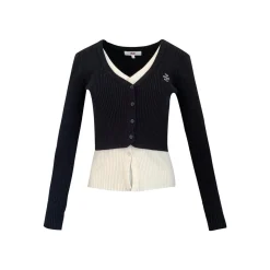 Liilou Fake-2-Piece Color Blocked V-Neck Slim Knit Top Black