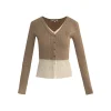 Liilou Fake-2-Piece Color Blocked V-Neck Slim Knit Top Camel