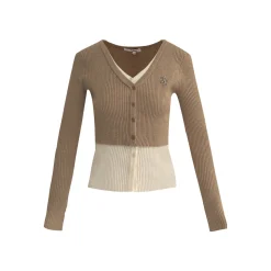 Liilou Fake-2-Piece Color Blocked V-Neck Slim Knit Top Camel